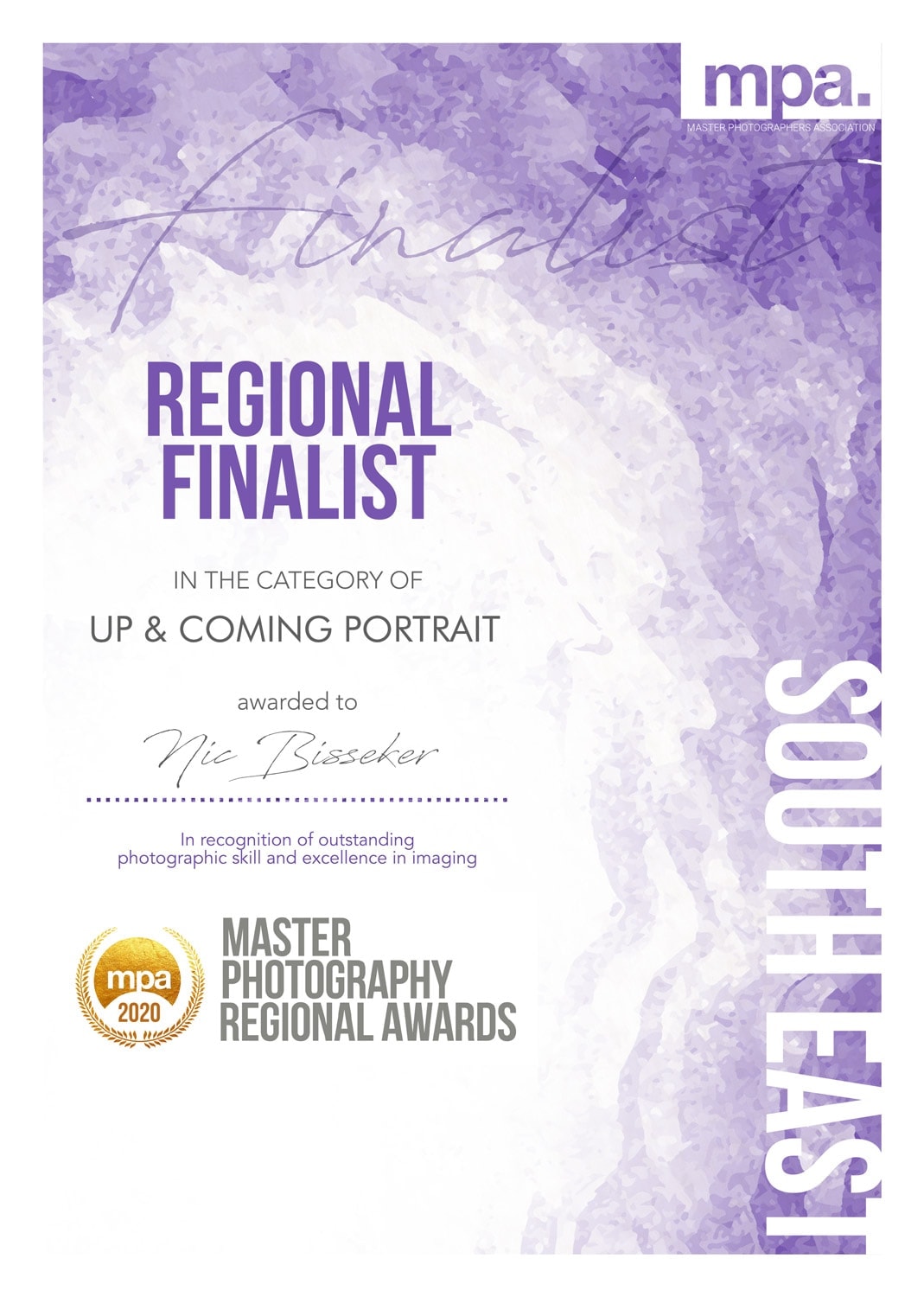 nic Bisseker photography dog portrait photographer regional finalist certificate MPA